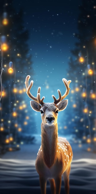 Deer in winter forest with snow and christmas lights