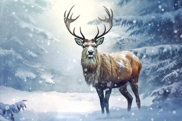 Deer in winter forest with snowflakes