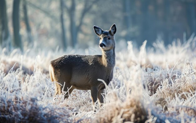 deer in a winter landscape its fur adorned with glistening frost