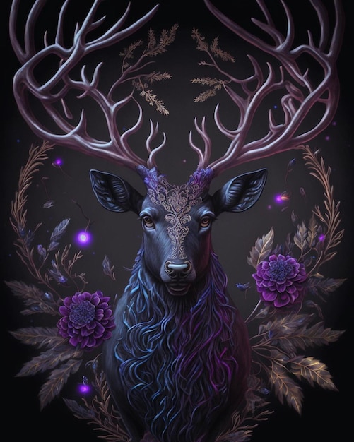 A deer with antlers and flowers on the dark background.