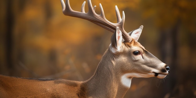 A deer with antlers in the foreground and a blurred background.