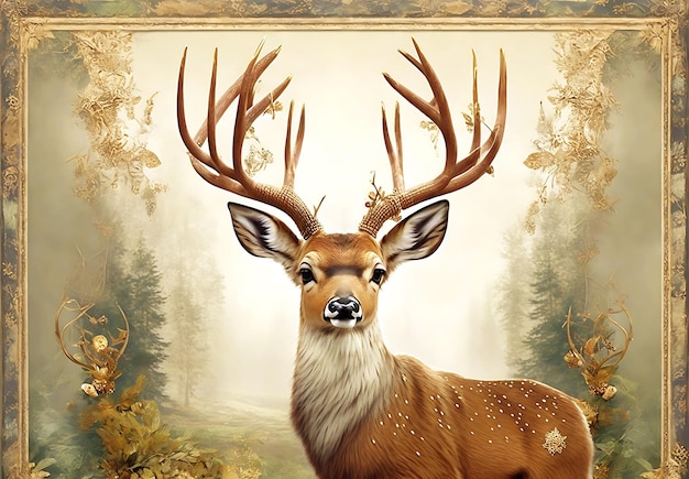 A deer with antlers and a golden frame