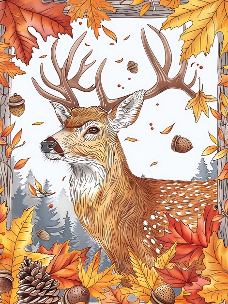 a deer with antlers is shown in a frame with autumn leaves