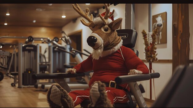 a deer with antlers is on a treadmill and a person is wearing a santa costume