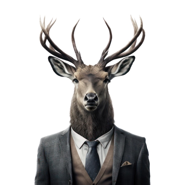 A deer with antlers is wearing a suit and a vest.