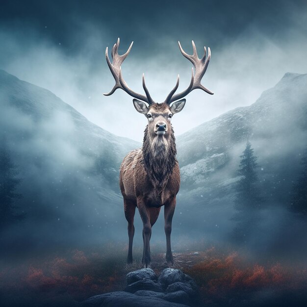 a deer with antlers on its head is standing in the fog.