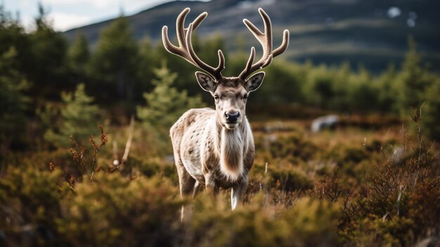 a deer with antlers standing in a field