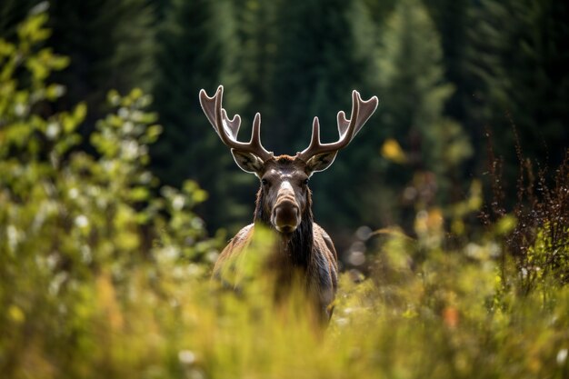 a deer with antlers standing in a field