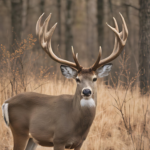 a deer with antlers stands in a field of dead grass