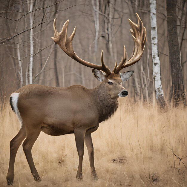 a deer with antlers stands in a field of dead grass