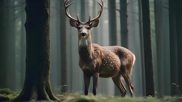 a deer with antlers stands in a forest with a forest background