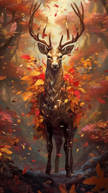 A deer with autumn leaves on its head