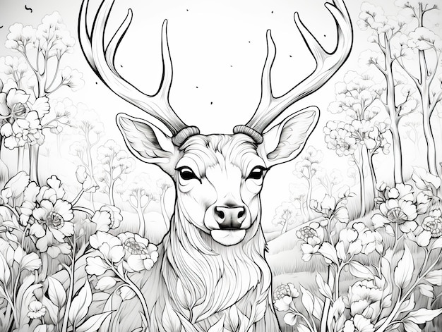 Deer with big antlers in the meadow Han drawn illustration Deer coloring page