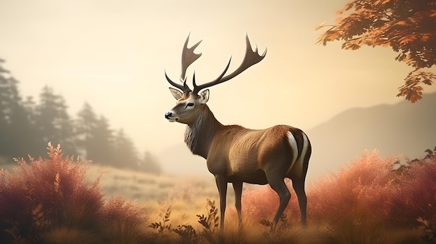 A deer with big horns stands in a field with mountains in the background.