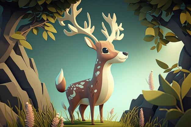 A deer with big horns stands in a forest.