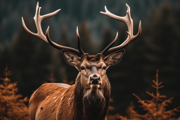 A deer with big horns stands in a forest.