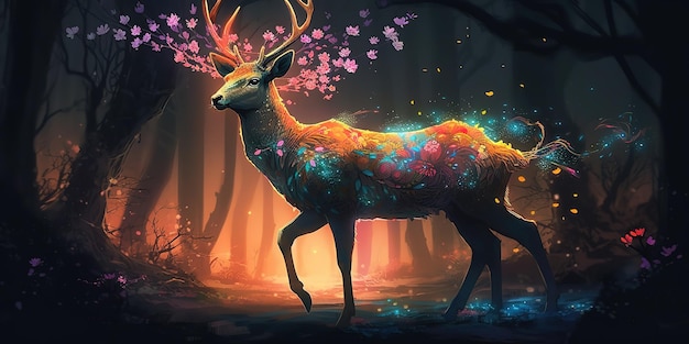 A deer with a colorful pattern in the middle of the image.