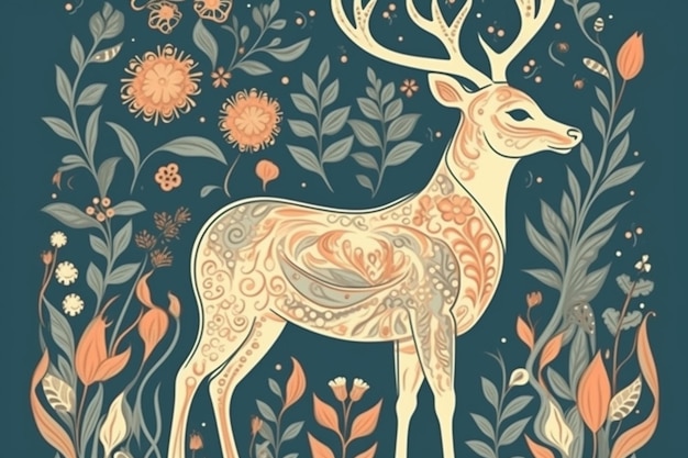 A deer with a floral background.