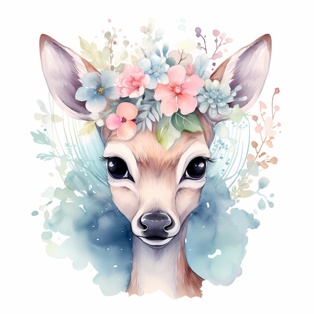 a deer with a flower crown on its head.