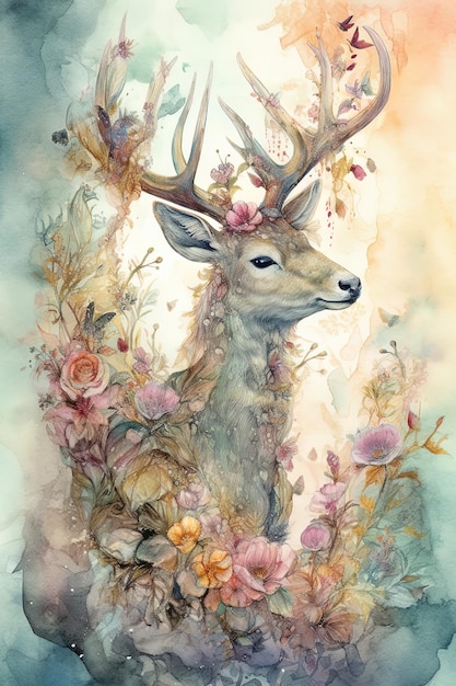 a deer with flowers and a deer head