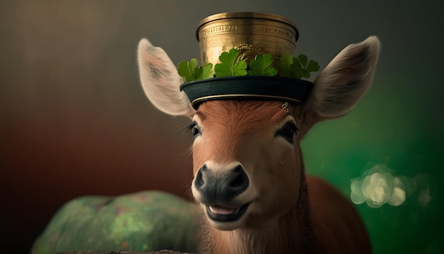 A deer with a hat that says'oak leaf'on it