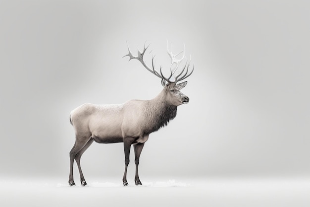 A deer with horns and antlers stands in front of a gray background.