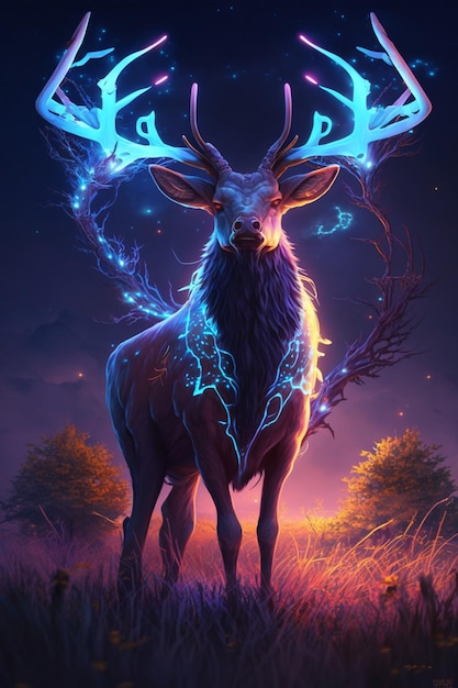 A deer with horns and a blue flame on its head