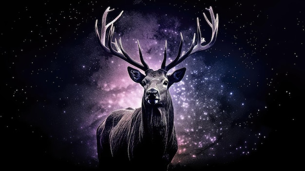 A deer with horns and horns stands in front of a galaxy background.