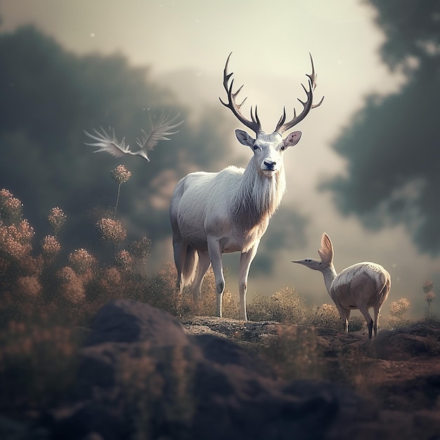 A deer with horns stands in a field with a bird flying in the background.