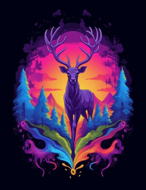 A deer with horns stands in front of a colorful sunset generative ai