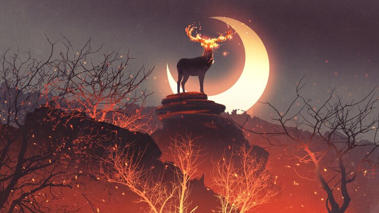 Photo the deer with its fire horns standing on rocks in forest fire, digital art style, illustration painting