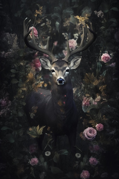 A deer with large antlers stands in a dark forest with roses on the bottom.