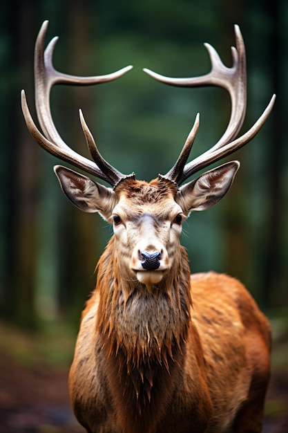 a deer with large horns standing in a forest