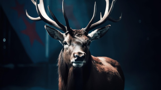 A deer with large horns stands in front of a blue background.