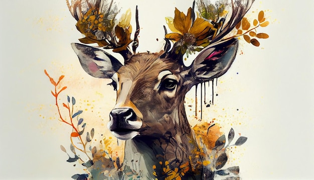 A deer with leaves on its head