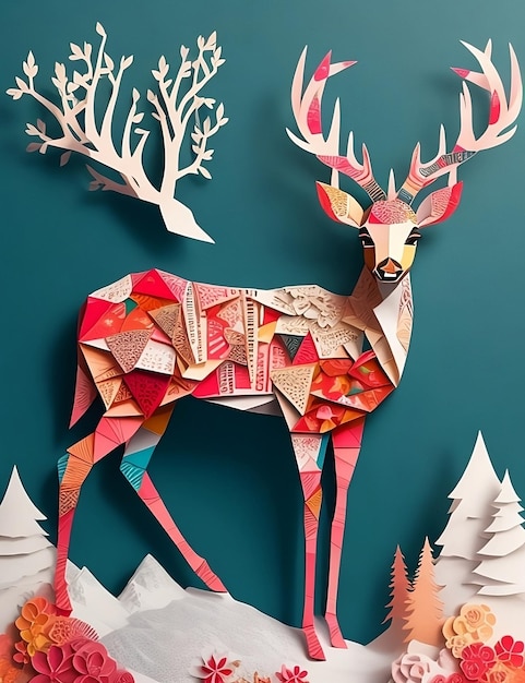 A deer with a red and white antlers is shown in a forest.