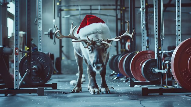 a deer with a santa hat on its head is standing in a gym