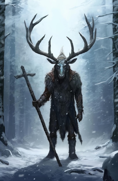 Foto un cervo con un bastone nella neve