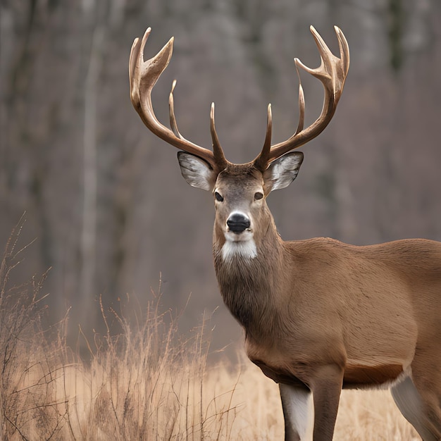 a deer with a white nose and a black nose is standing in a field