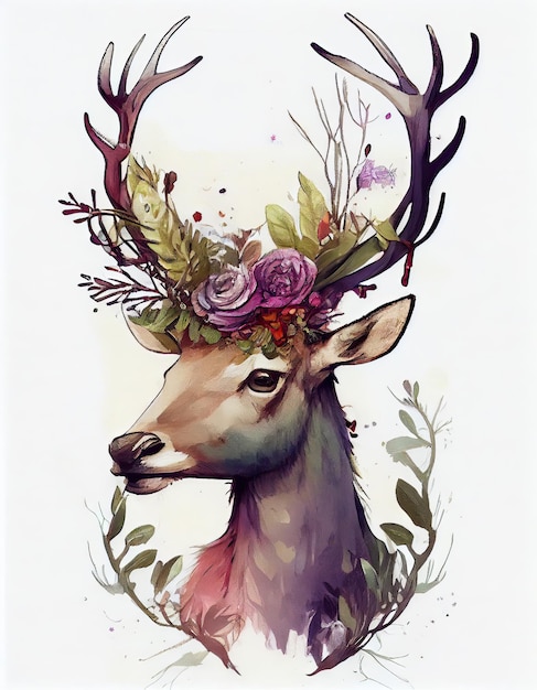 A deer with a wreath of flowers on his head