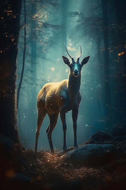 A deer in the woods with a blue background