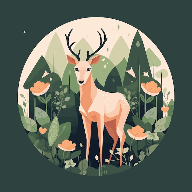 A deer in the woods with flowers and plants.