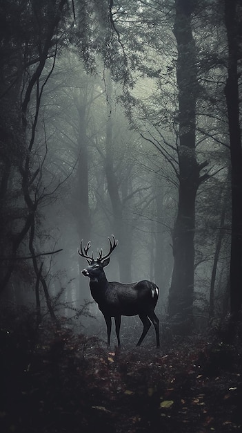 A deer in the woods with a foggy background