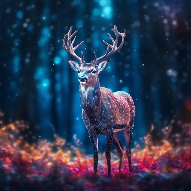 A deer in the woods with the lights on