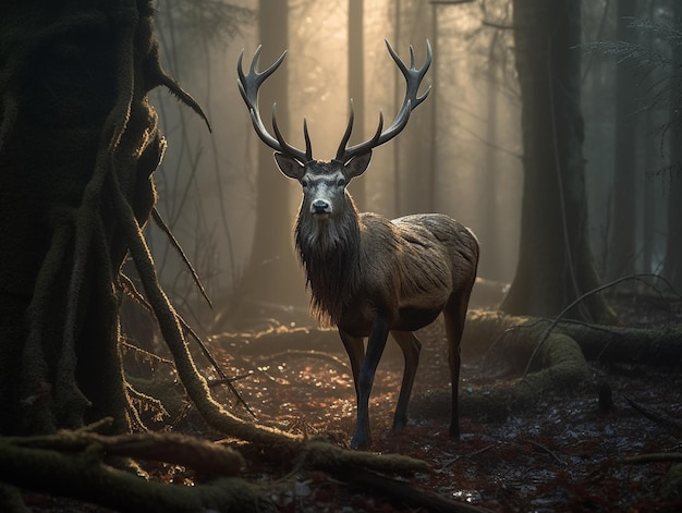 A deer in the woods with the sun shining on it