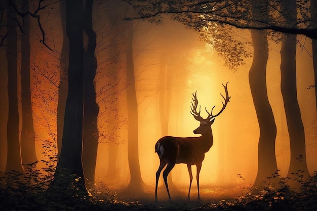 A deer in the woods with the sun shining through the trees