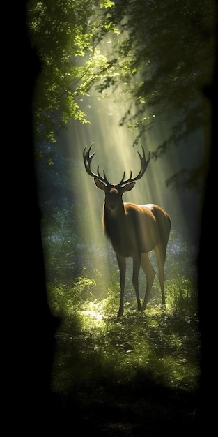 A deer in the woods with the sun shining through the trees.