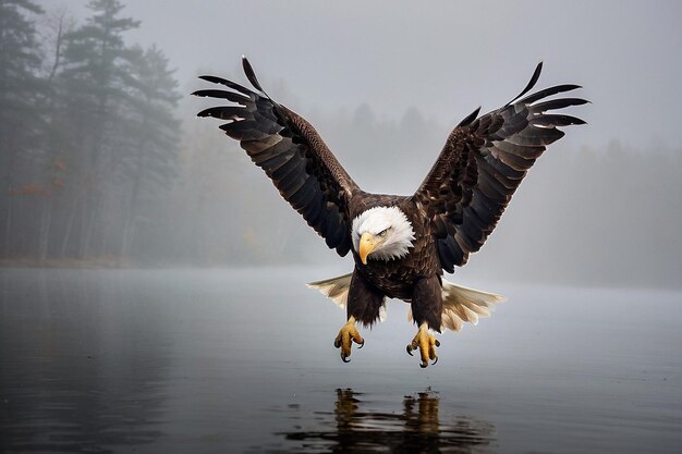 Photo default bald eagle flying through the mist