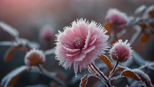 Photo default beautiful pink frozen flower late autumn in morning
