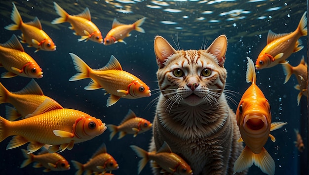 Photo default cat and gold fish symbol of looking straight into eye